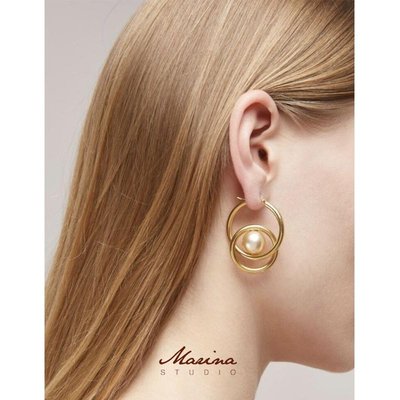 BEEEBOV~法式celi風小眾黃銅耳環HOOP金屬耳圈氣質珍珠質感女雙圓圈香檳珠