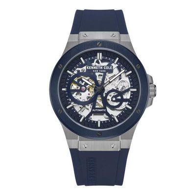 【柏儷鐘錶】 KENNETH COLE 銀鋼藍面藍圈鏤空機械錶  KCWGR0033504