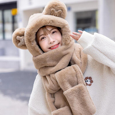 小熊帽子女三件套韓版可愛米奇連帽圍巾一體保暖手套護耳圍脖冬季