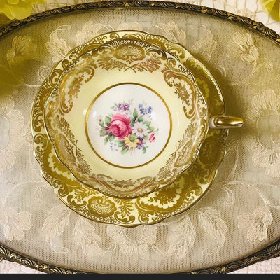 英國中古骨瓷帕拉貢paragon黃色描金闊口花卉杯盤