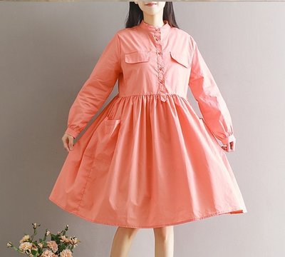 【Mi Ni】日系森女文藝範 實拍 純色文青襯衫式裙子連衣裙洋裝~CC034748