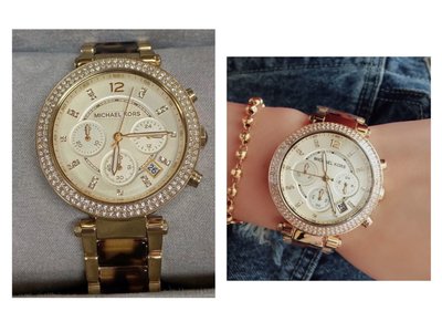 MICHAEL KORS Parker 水鑽圈 金色配玳瑁不鏽鋼錶帶 石英 三眼計時 女士手錶 MK5688