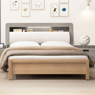 【在地人傢俱】24 來來購-天路淺灰橡雙色木心板5.4尺床頭式雙人床台/床架 ZX312-2