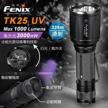 〔A8捷運〕菲尼克斯FENIX TK25 UV雙色光執法戰術手電筒(公司貨/1000流明)