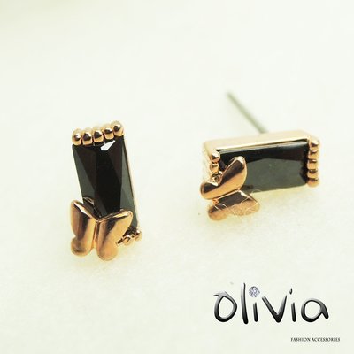 Olivia Fashion 耳釘耳環 蝴蝶長方形方晶鋯石厚鍍14K真金耳針耳環【N02470】