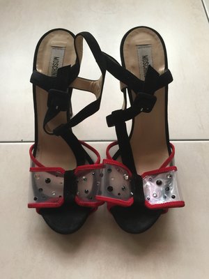 Moschino 黑紅水晶透明蝴蝶結T型涼鞋 39號