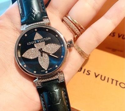 法國專櫃名牌精品 Louis Vuitton 路易威登 LV Tambour Forever GM系列 孔雀綠藏藍色 經典鑽石尖花滿鑽 石英 手錶腕錶