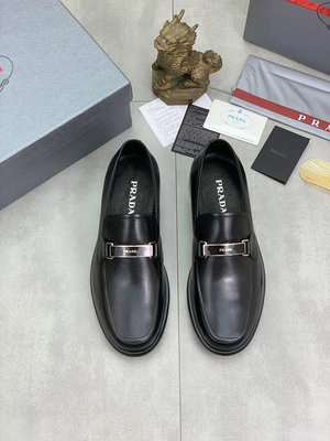 代購#Prada正裝休閑男鞋 黑色牛皮鞋面牛皮內里