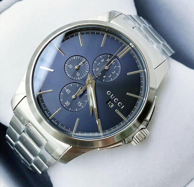 GUCCI G-Timeless 藍色面錶盤 銀色不鏽鋼錶帶 石英 三眼計時 男士手錶 YA126273