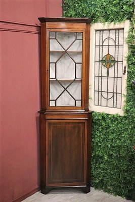 【卡卡頌  歐洲古董】英國老件 手工 桃花心木 嵌木  轉角櫃  三角櫃  角落櫃  玻璃櫃  展示櫃ca0253✬