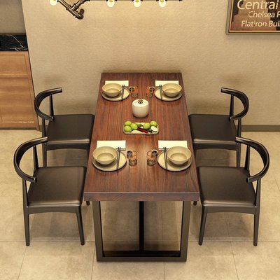 熱銷 美式鐵藝實木餐桌椅組合家用小戶型餐廳長桌簡約泡茶桌餐飲店飯桌
