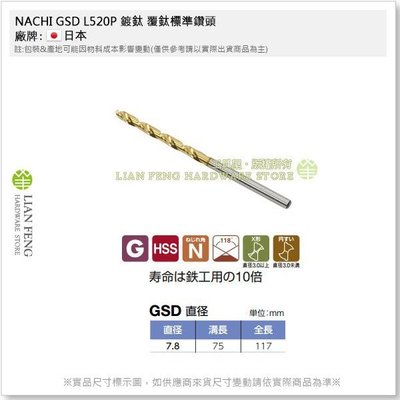 【工具屋】*含稅* NACHI 7.8mm GSD L520P 鍍鈦 覆鈦標準鑽頭 直柄鐵鑽尾 白鐵 不銹鋼 鐵工