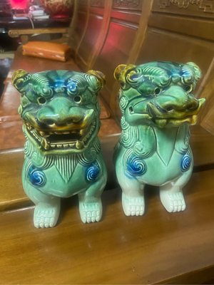 阿公的舊情人 台灣鶯歌陶瓷 雙獅 青釉獅咬劍獅 子招福 豐收 招財 長壽 裝飾擺件