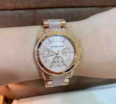 MICHAEL KORS 晶鑽 玫瑰金色配粉色不鏽鋼錶帶 三眼計時 石英 女士手錶 MK5943