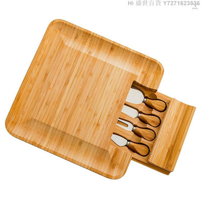 Hi 盛世百貨 起司板帶刀套裝 起司拼盤 木製起司板套裝 起司托盤 滑出式抽屜中四種不同的工具 竹方形熟食和特殊起司板