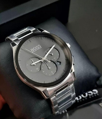 HUGO BOSS Peak 墨黑色錶盤 銀色不鏽鋼錶帶 石英 三眼計時 男士手錶 1513762