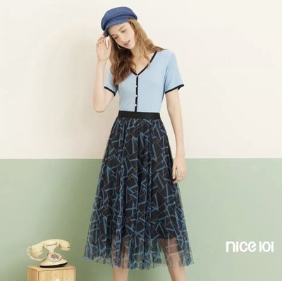 nice ioi幾何印花藍色條紋黑色紗裙