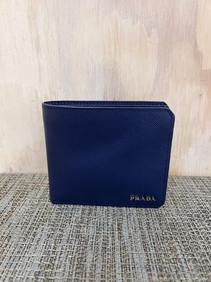 PRADA 2M0513 藍 全皮 銀 LOGO 多卡 對折 短夾 皮夾