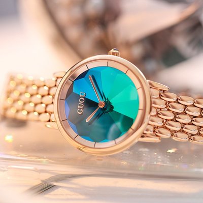 新款手錶女 百搭手錶女手錶女古歐/GUOU簡約氣質鋼帶女士手錶炫彩面綠色時尚防水手錶女