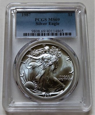 美國 1987年 稀少 美品 PCGS MS69 鑑定幣 USA 鷹揚 早期 花束女神 1盎司 美元 999 純 銀幣