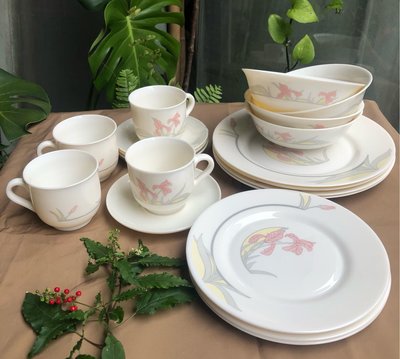 法國 ARCOPAL DIANA 黛安娜系列四人套組餐具/咖啡杯/湯碗/沙拉碗/盤。vintage