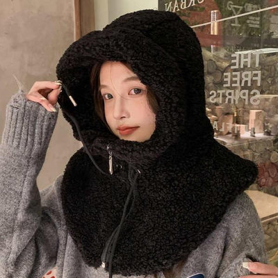 韓國新款羊絨連脖帽可愛厚脖套羔羊毛帽子圍巾一件式女冬季連帽圍脖