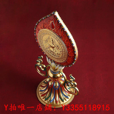 法器黃銅彩繪準提鏡藏文鏡平面鏡子藏傳佛堂準提佛母法器擺放供具擺件擺件