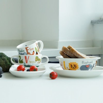 HOMIA兒童陶瓷餐具卡通套裝家用早餐杯點心可愛分格盤子湯碗禮物