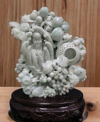 藏雅軒-早期收藏-緬甸玉雕刻精雕擺件-豆青-如意人生