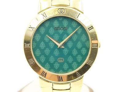 【發條盒子K0130】GUCCI 古馳 經典綠色LOGO面 石英鍍金鍊帶錶 3300M 少見錶款
