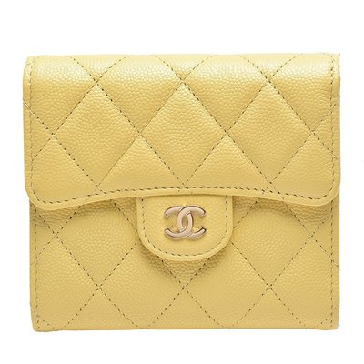 【二手】Chanel 香奈兒 CF系列 牛皮金/銀CC翻蓋卡包 黃色三折女士皮夾錢包