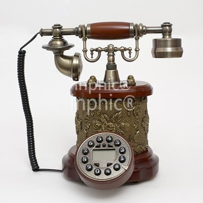INPHIC-歐式高檔古董電話機 創意雕刻實木座式有繩電話座機