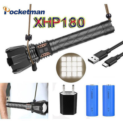 現貨：高品質 XHP180 LED 手電筒 26650 強力戰術手電筒手電筒 Usb 可充電手電筒大功率手電筒