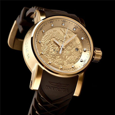 全館免運 Invicta手錶霸氣金色龍紋浮雕男錶防水背透自動機械錶 可開發票