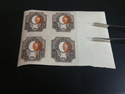 俄國郵票，1900年1盧布四方連新，中心移位變體，原膠無貼
