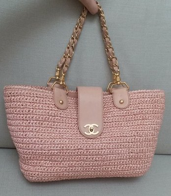 Chanel vintage粉紅色草編編織手提肩背霧金鏈美包