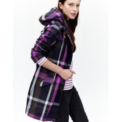 Miolla 英國品牌Joules 紫色格紋保暖絨面內裡防風防水腰間繫帶長版外套