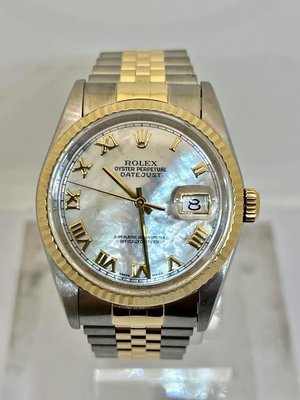 國際精品當舖  ROLEX 勞力士  手錶型號：16233G 半金 #特殊貝殼原廠面盤 錶          徑：36mm(含龍頭38mm) 購買年份：W字頭。