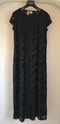 DKNY二手正品黑色立體浮雕玫瑰花長洋裝 禮服