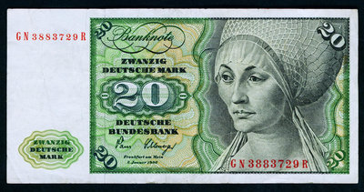 【鑒 寶】（外幣收藏） 德國紙幣 1980年版 德國20馬克 7.5成以上品相！ MYZ024