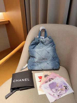 【二手】香奈兒Chanel 22bag雙肩包 牛仔垃圾袋 尺寸30×39