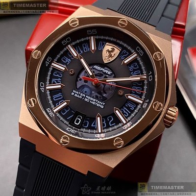 FERRARI手錶,編號FE00054,44mm玫瑰金錶殼,深黑藍色錶帶款