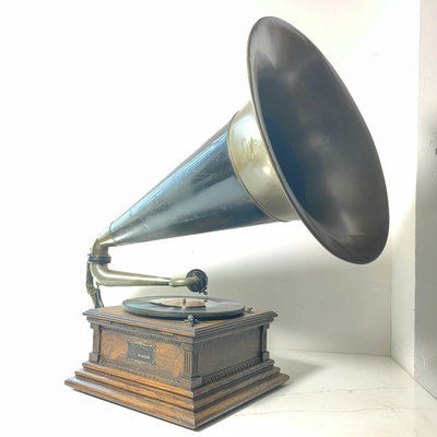 1910年古董 VICTOR 小狗牌大喇叭手搖留聲機黑膠唱片