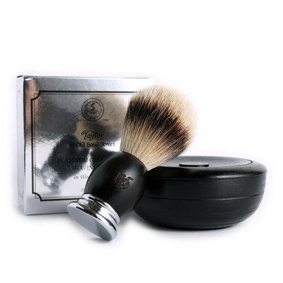 英國 Grand Manner 特級銀尖純獾毛 黑檀木鬍刷 &amp; Taylor 手工木製 白金版刮鬍皂碗 超值組合