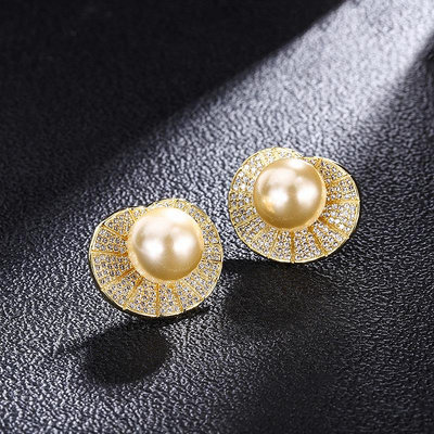 現貨莊生生珠寶鑲嵌金色貝珠淡金色耳釘貝殼形女士時尚首飾珠子12mm珠寶首飾