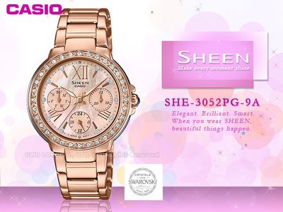 CASIO 卡西歐 手錶專賣店 SHE-3052PG-9A 女錶 不鏽鋼錶帶 三眼 防水 羅馬數字 玫瑰金離子
