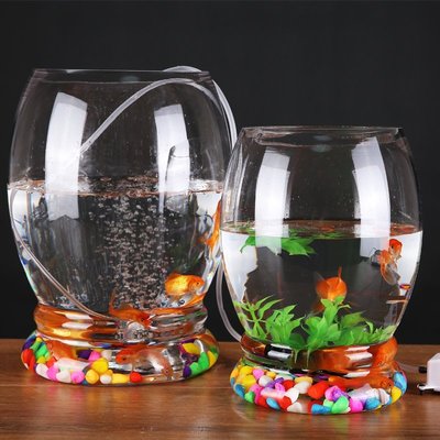 下殺圓形玻璃金魚缸客廳小型辦公桌面魚缸創意生態水族箱家用水培魚缸~特價特賣
