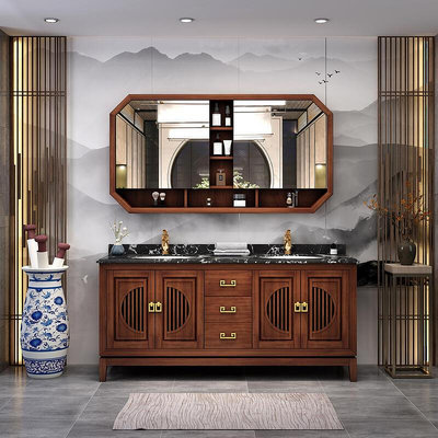 【現貨】新中式橡木浴室柜智能鏡柜組合大理石巖板洗手臺盆衛生間實木衛浴