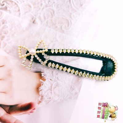 韓國高級名媛時尚珍珠蝴蝶結仿鋯石鑽邊BB夾髮飾