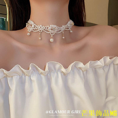 芒果飾品MG水晶珍珠花朵法式時尚高級感輕奢項鍊